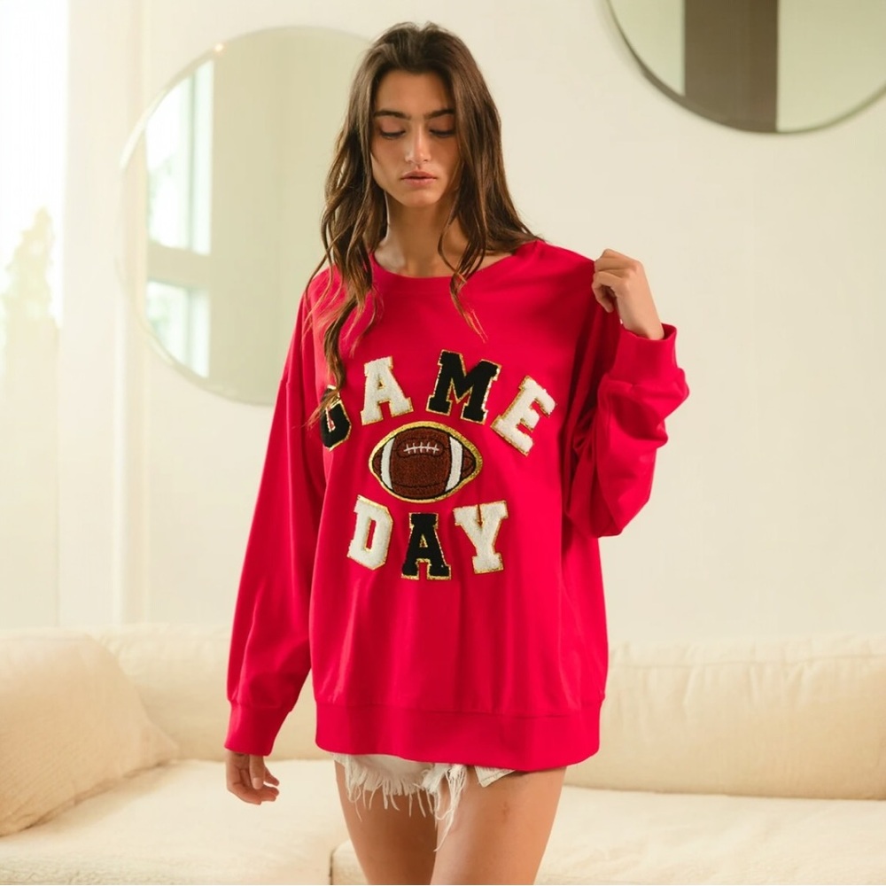 BiBi Game Day Football Sweatshirt - Red Oversized Pullover - Picture 5 of 6